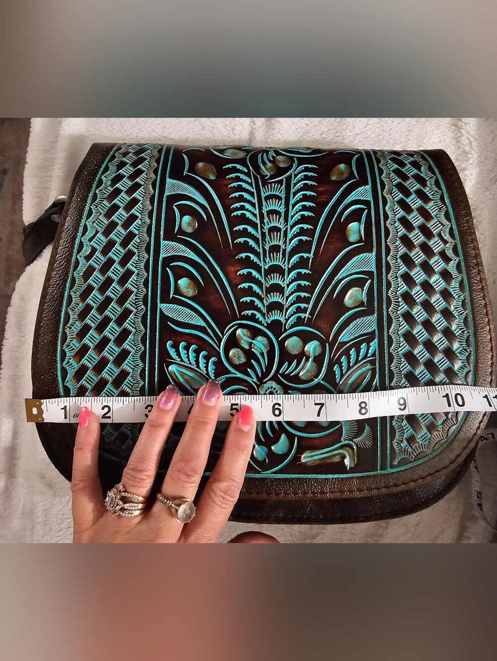 Patricia Nash Turquoise Tooled Leather Saddle Bag Floral Western Crossbody - Picture 10 of 12